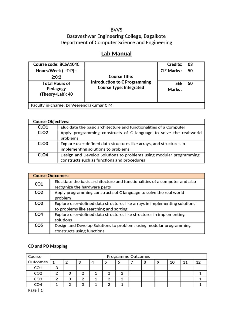 C Programming Lab Manual Overview | PDF | Computer Program | Programming