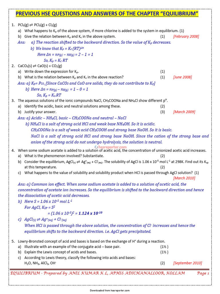 Equilibrium Q & A Class 11 Kerala State | PDF | Acid | Chemical Equilibrium