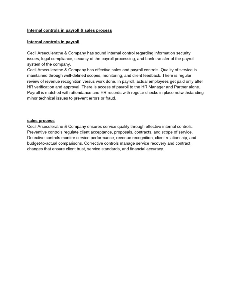 Payroll & Sales Internal Controls Overview | PDF