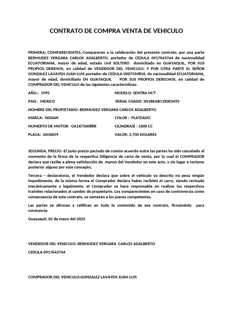 CONTRATO DE COMPRA VENTA DE VEHICULO | PDF