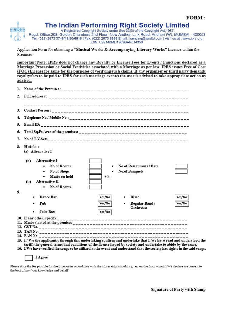 IPRS License Application Form | PDF