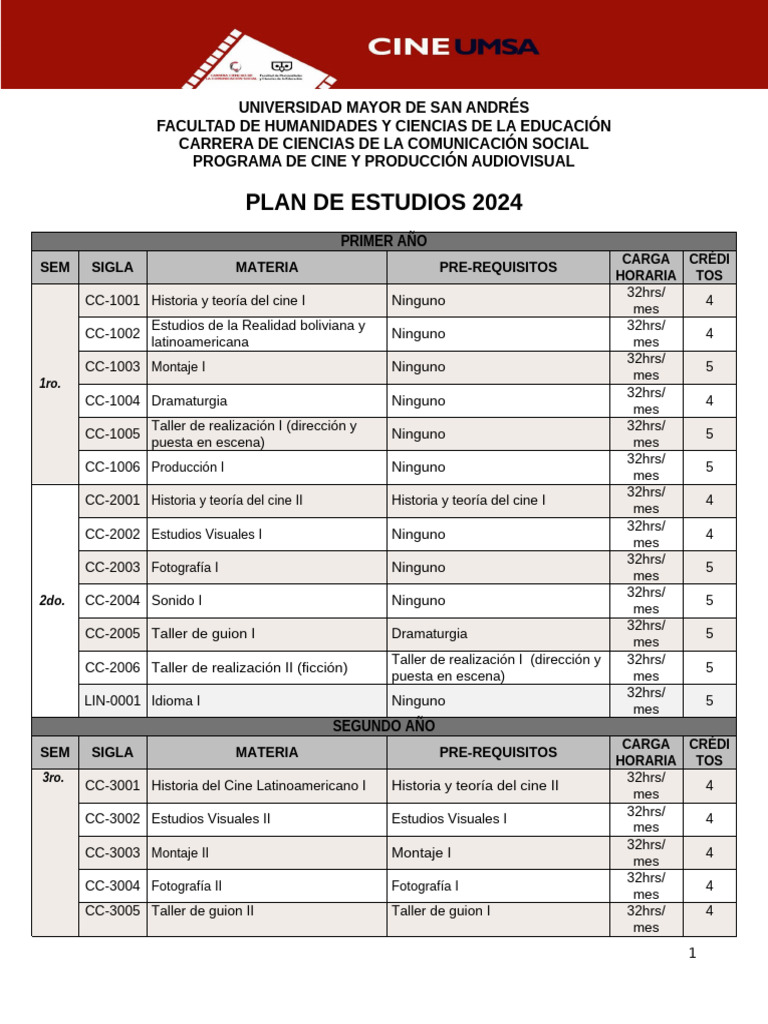 Plan de Estudios Cine UMSA 2024 | PDF
