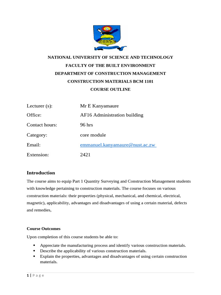 Construction Materials Course Outline | PDF | Building Materials ...