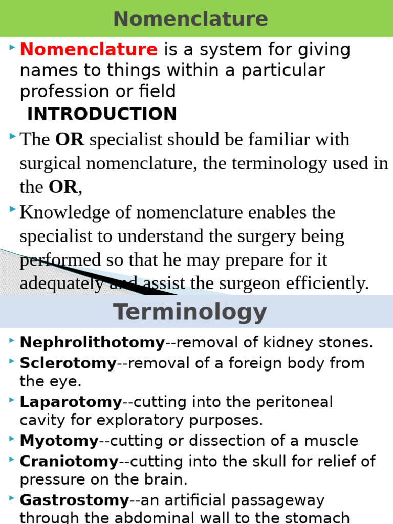 Surgical Nomenclature and Procedures Guide | PDF | Surgery | Bleeding