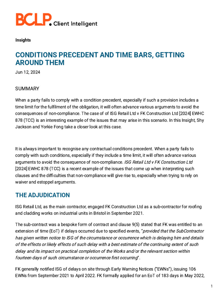 Conditions Precedent and Time Bars Getting Around Them | PDF | Estoppel ...