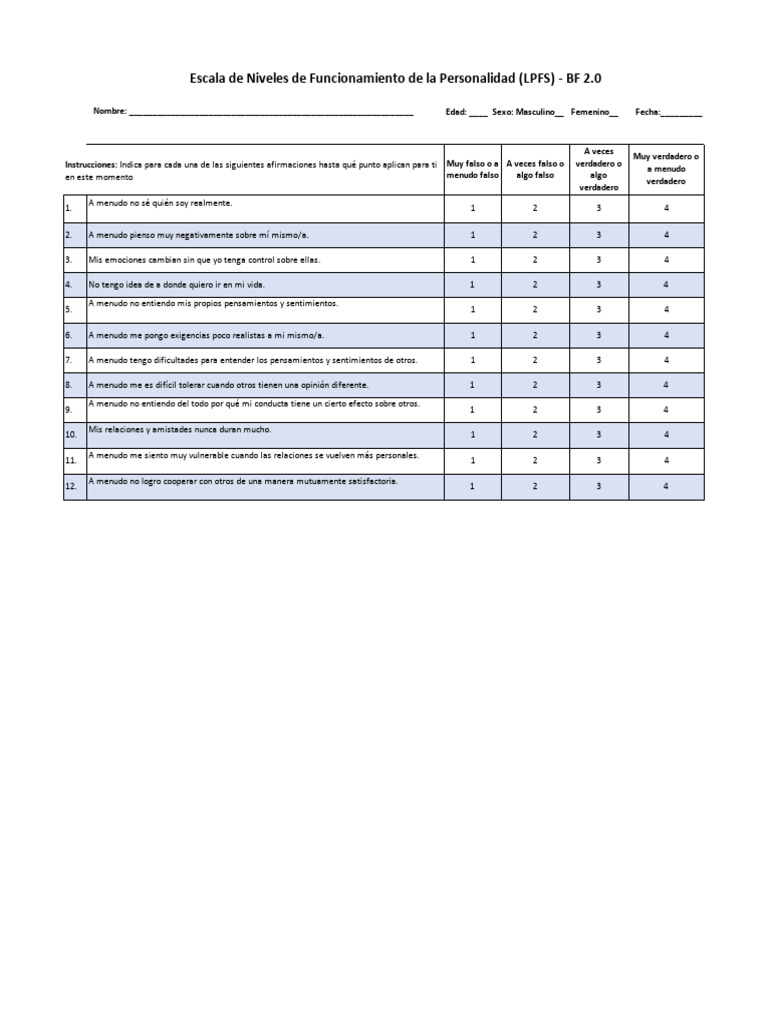 Escala LPFS-BF 2.0: Evaluación Personal | PDF | Sicología | Ciencias ...