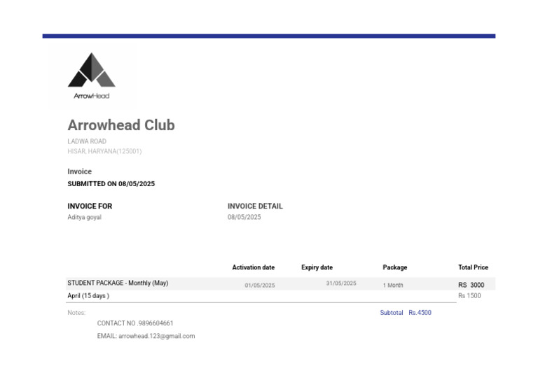 Arrowhead Club Invoice - May 2025 | PDF
