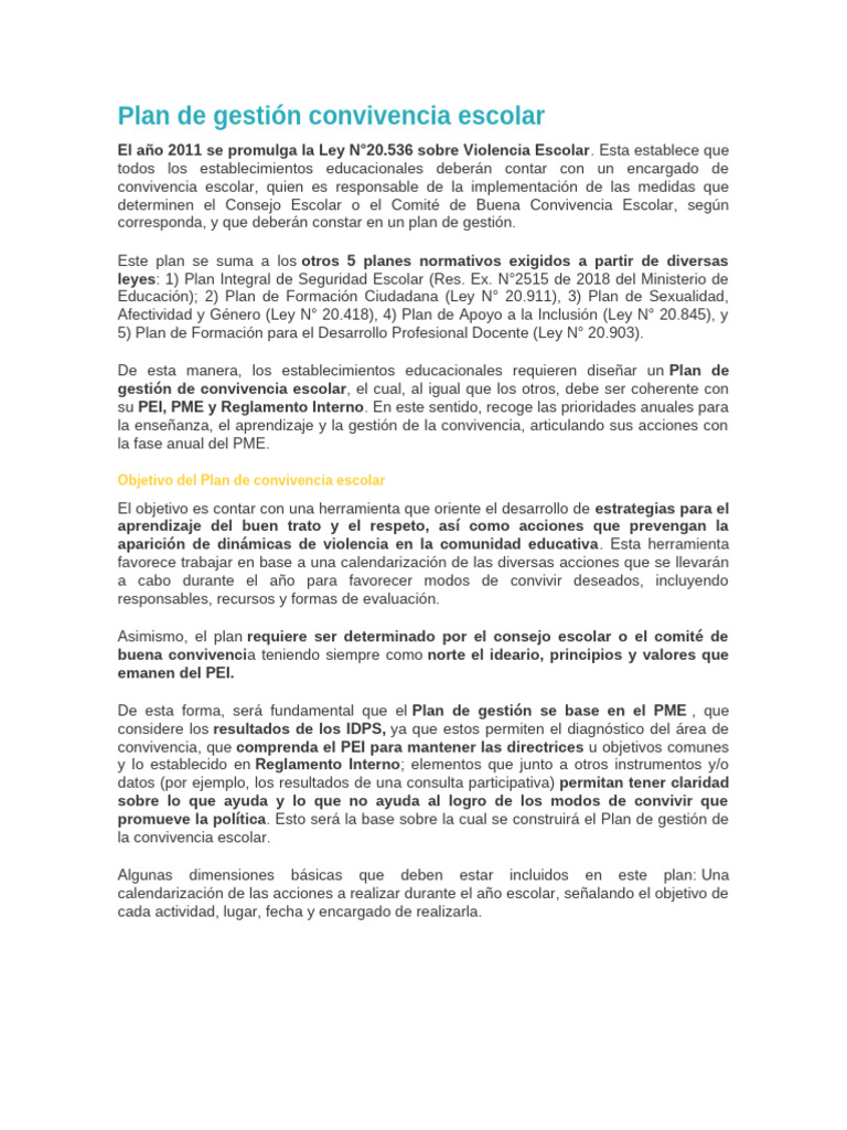 Plan de Gestión de Convivencia Escolar | PDF | Aprendizaje