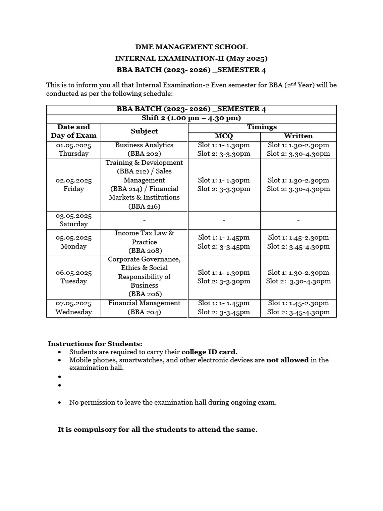 BBA Semester 4 Internal Exam Schedule | PDF
