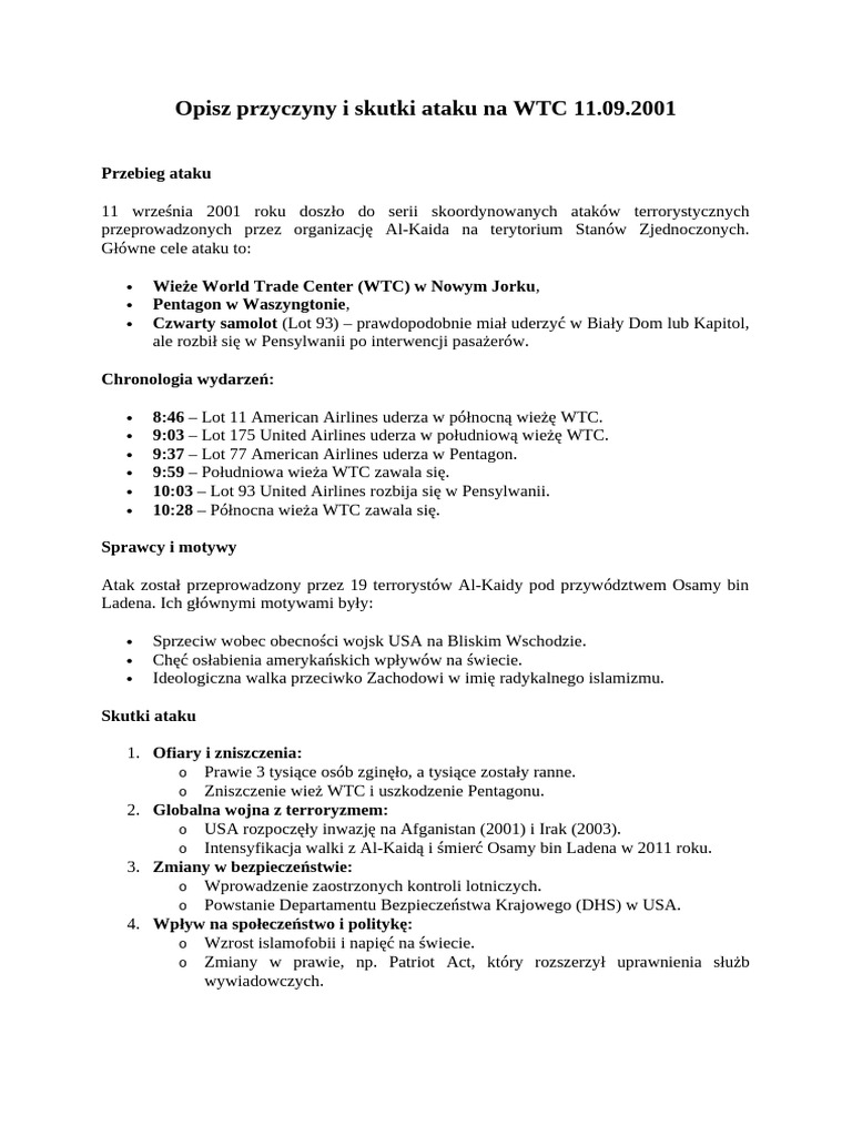 Opisz Przyczyny I Skutki Ataku Na WTC 11 | PDF
