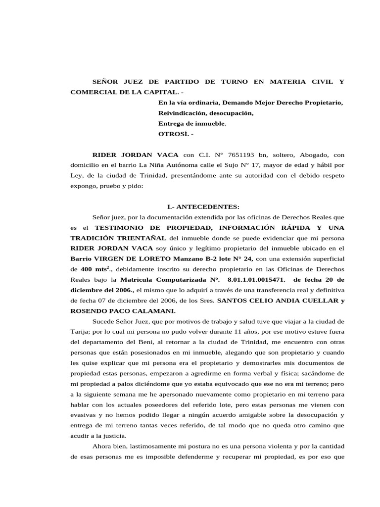 Demanda de Reivindicación de Inmueble | PDF | Propiedad | Justicia