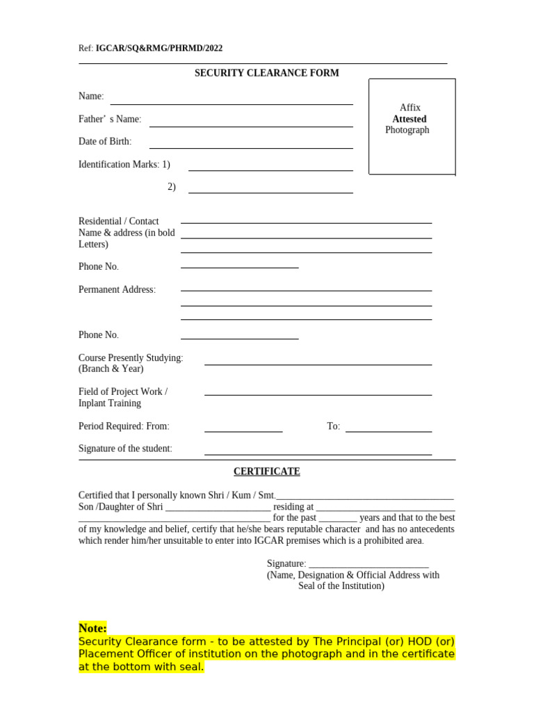 IGCAR Security Clearance Form 2022 | PDF