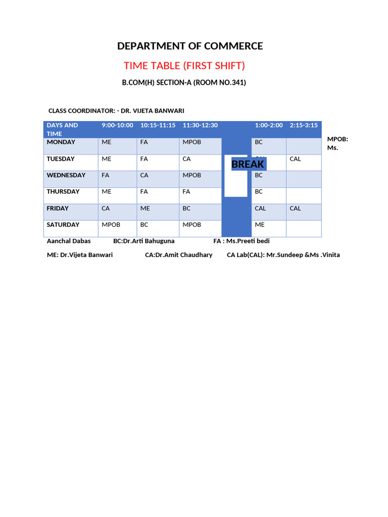 B.Com(H) First Shift Timetable | PDF