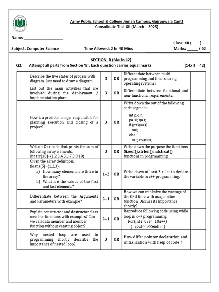 Computer Science Test XII - March 2025 | PDF | Computing