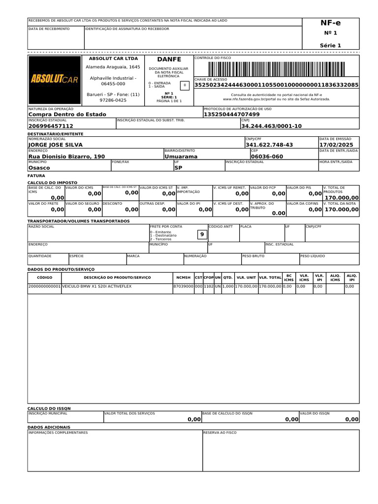 Nota Fiscal Eletrônica de Veículo BMW | PDF | Recibo