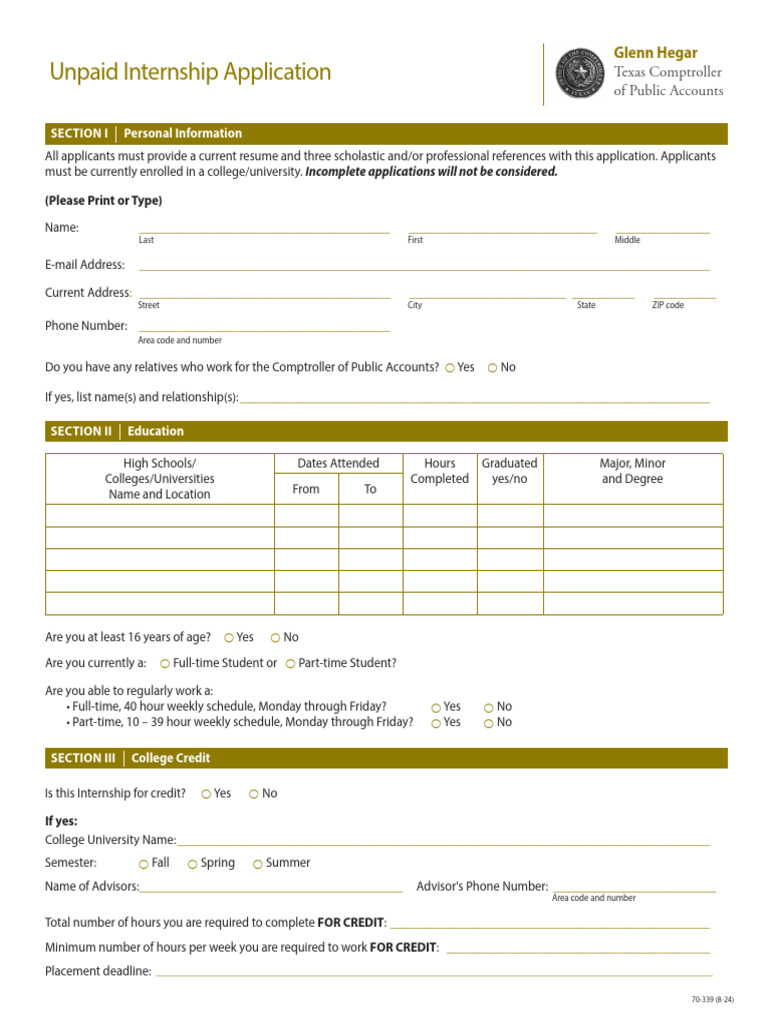 Unpaid Internship Application: SECTION I Personal Information | PDF ...