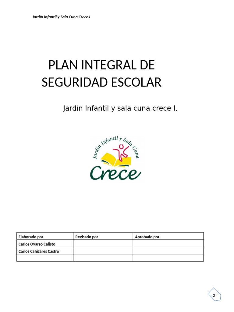 Plan de Seguridad Escolar Jardín Crece I | PDF | Educación de la ...