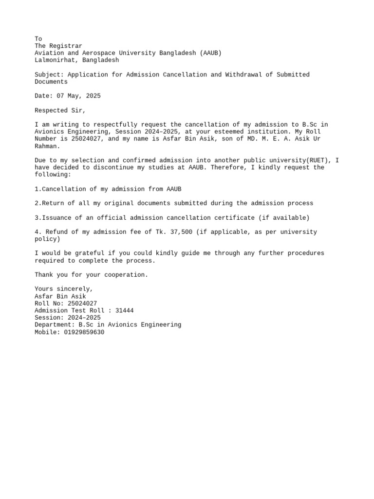 Admission Cancellation Request AAUB | PDF