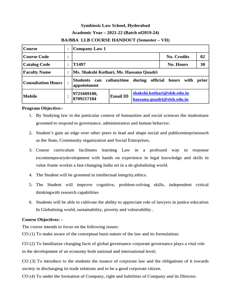 Company Law Course Handout 2021-22 | PDF | Governance
