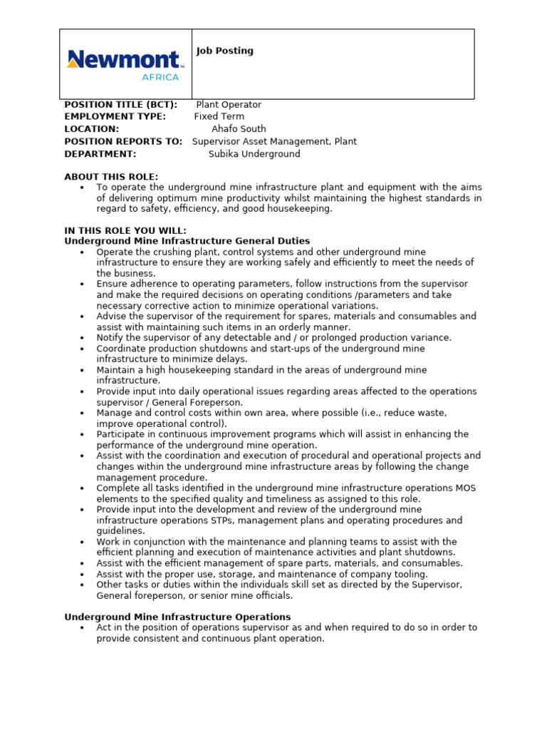 Plant Operator Job at Ahafo South Mine | PDF | Occupational Safety And ...