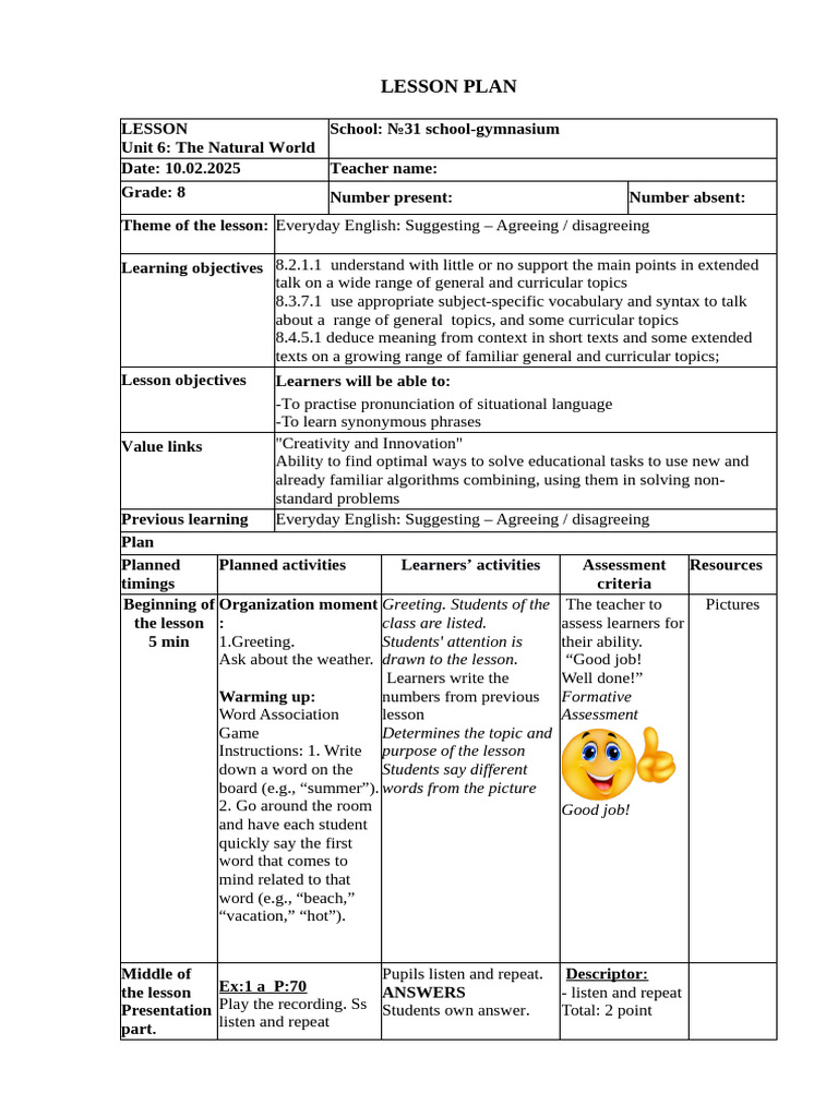 8th Grade English Lesson Plan | PDF | Curriculum | Learning