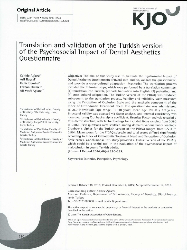 Turkish Validation of PIDAQ Questionnaire | PDF | Orthodontics