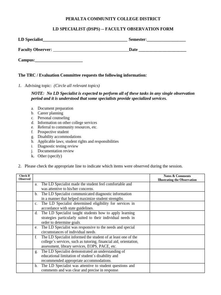 LD Specialist Faculty Observation Form | PDF