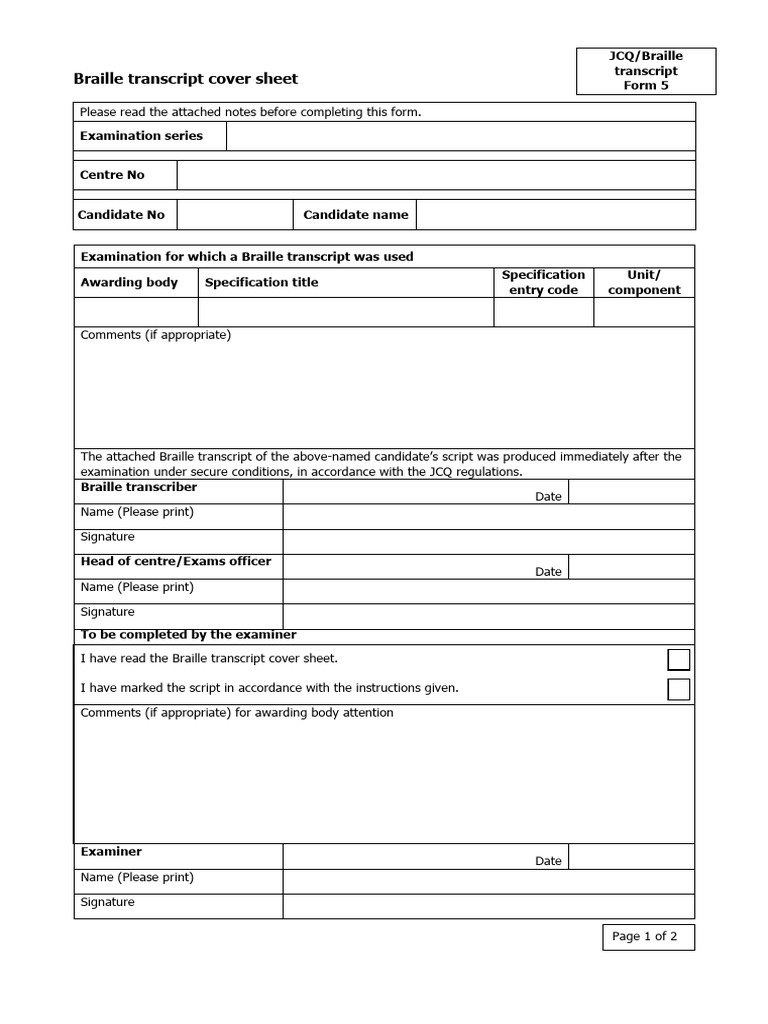 Braille Transcript Cover Sheet Guide | PDF
