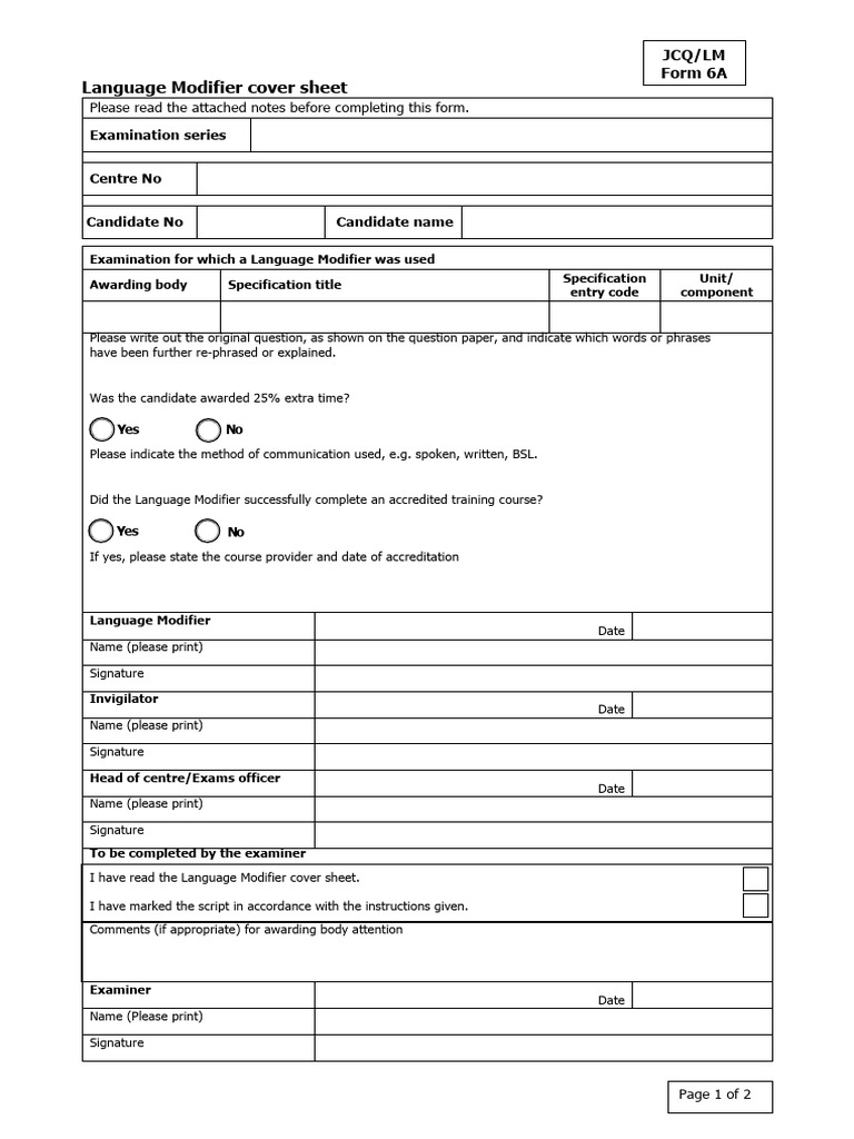 Language Modifier Cover Sheet Instructions | PDF | Human Communication ...