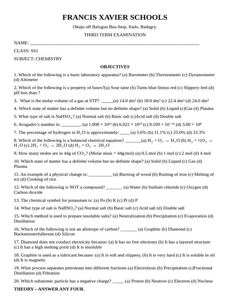 SS1 Chemistry Exam - Francis Xavier School | PDF | Mole (Unit) | Carbon