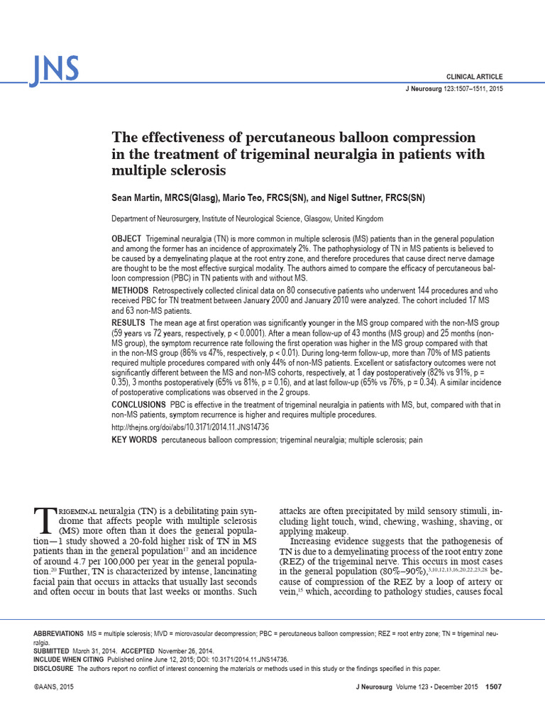 Efficacy of Balloon Compression in TN | PDF | Pain | Nervous System