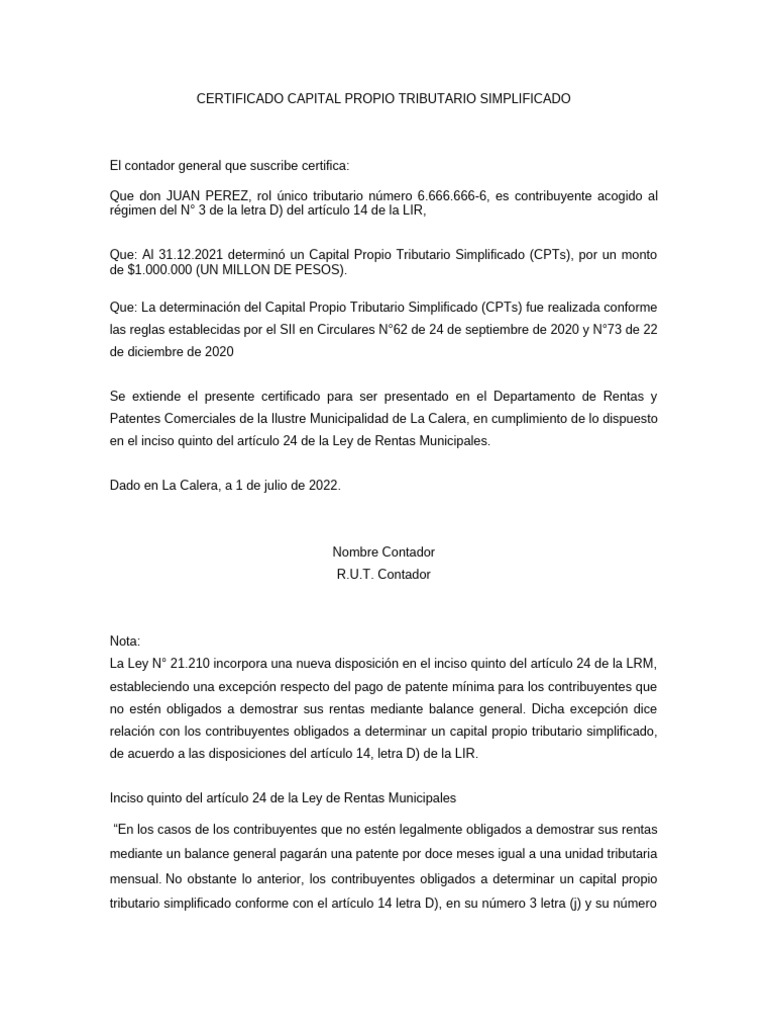 Certificado de Capital Propio Tributario | PDF