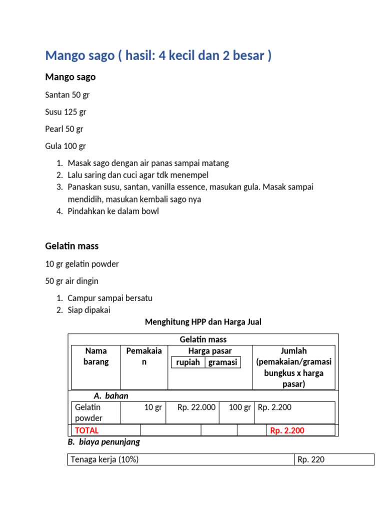 Resep dan Analisis Harga Mango Sago | PDF