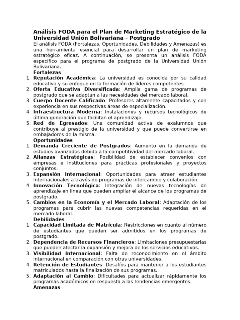 Análisis FODA para El Plan de Marketing Estratégico de La Universidad ...