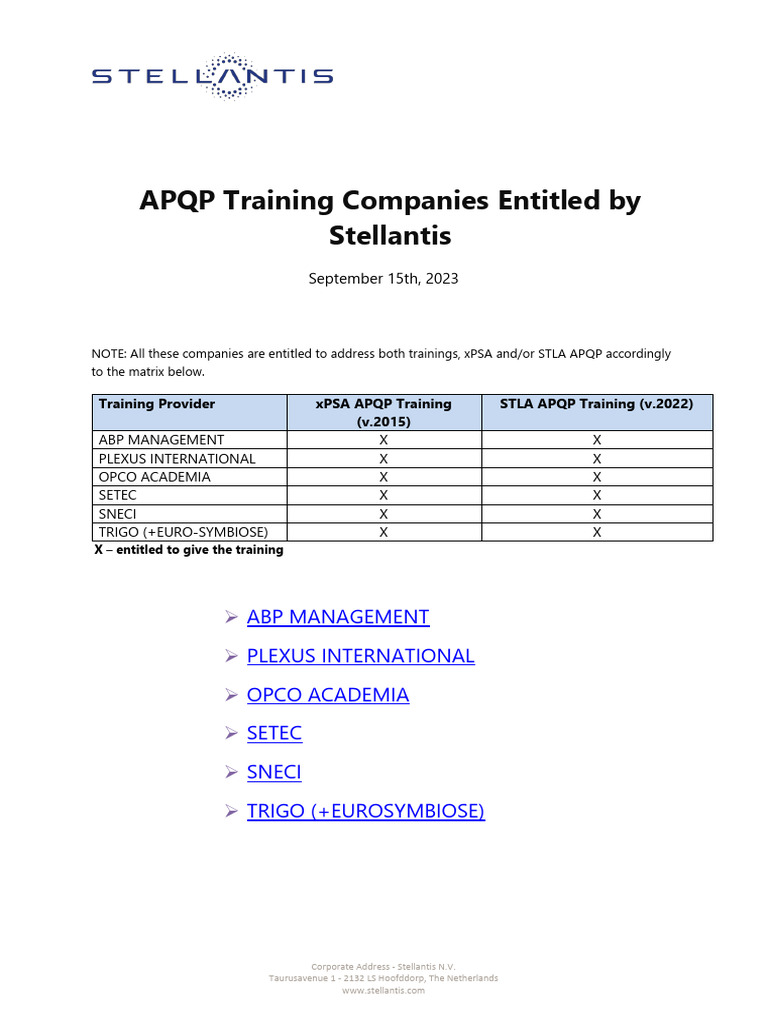 Stellantis APQP Training Providers List | PDF | Motor Vehicle Manufacturers