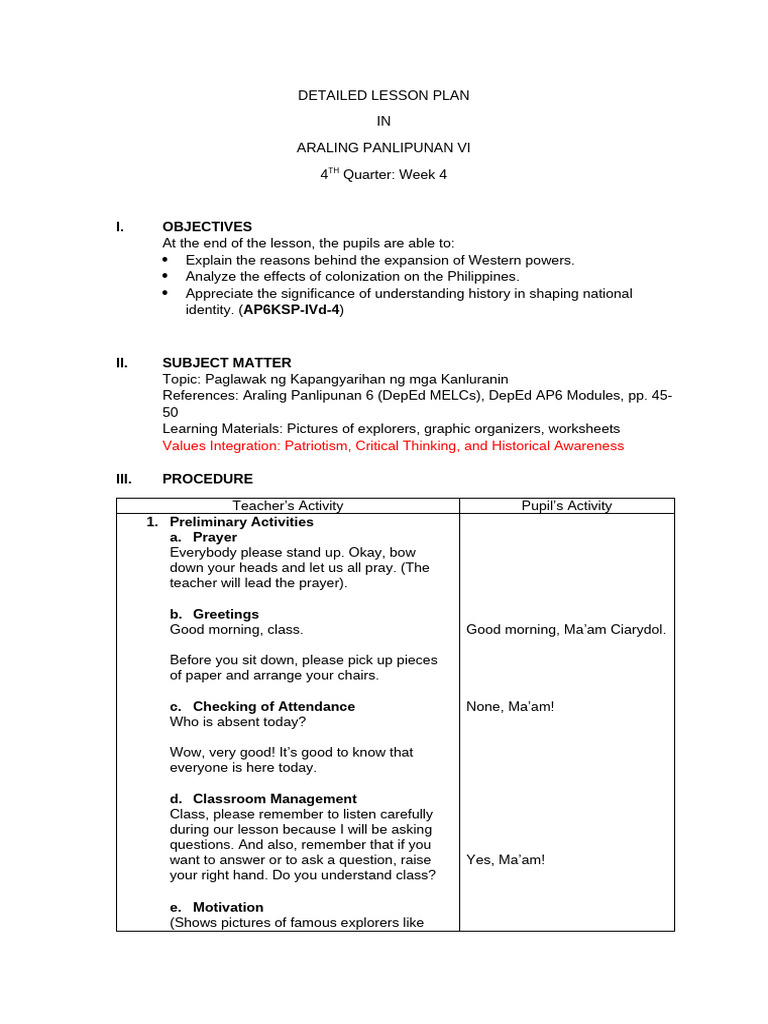 Detailed Lesson Plan: Araling Pan VI | PDF | Philippines | European ...