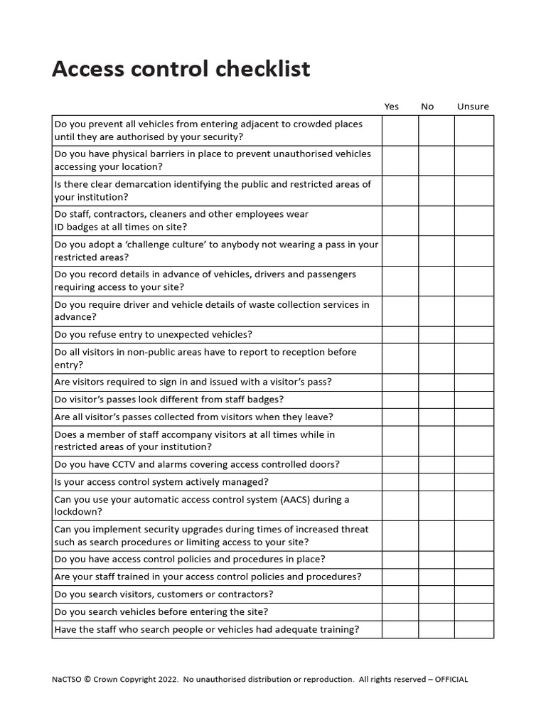Access Control Checklist for Security | PDF
