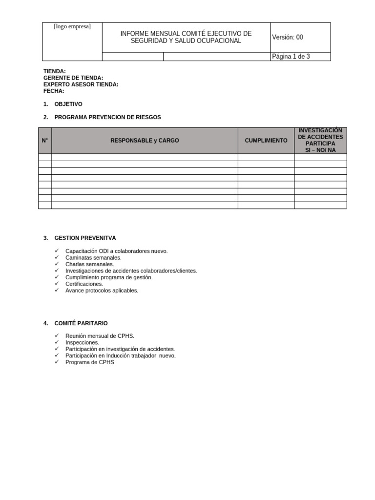 Informe Mensual Comite Ejecutivo Sso | PDF | Seguridad y salud ocupacional