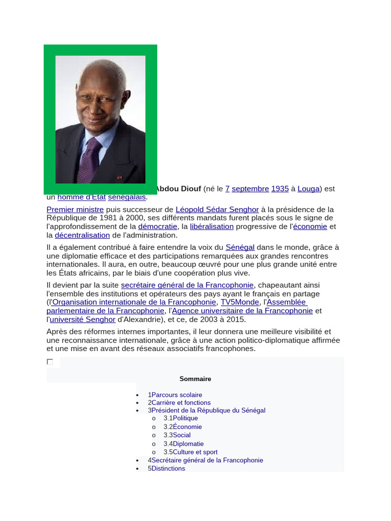Abdou Diouf : Parcours et Contributions | PDF