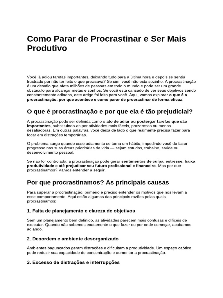 Artigo Como Parar De Procrastinar Pdf Procrastinação