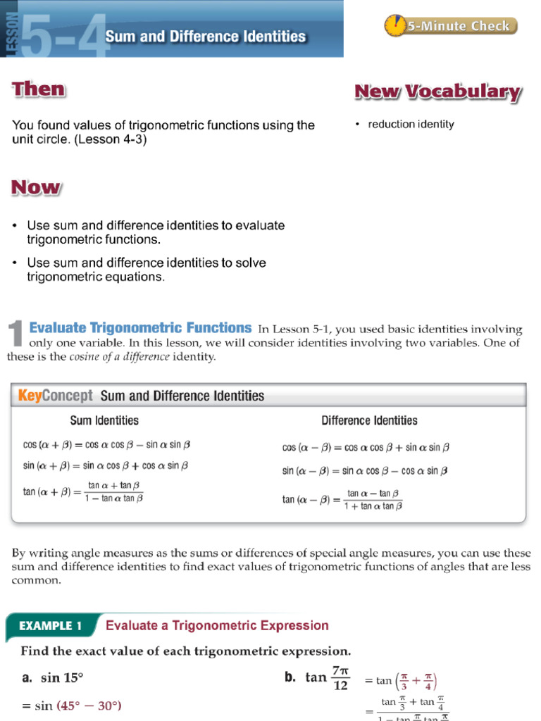 5.4 Sum and Difference Identities | PDF