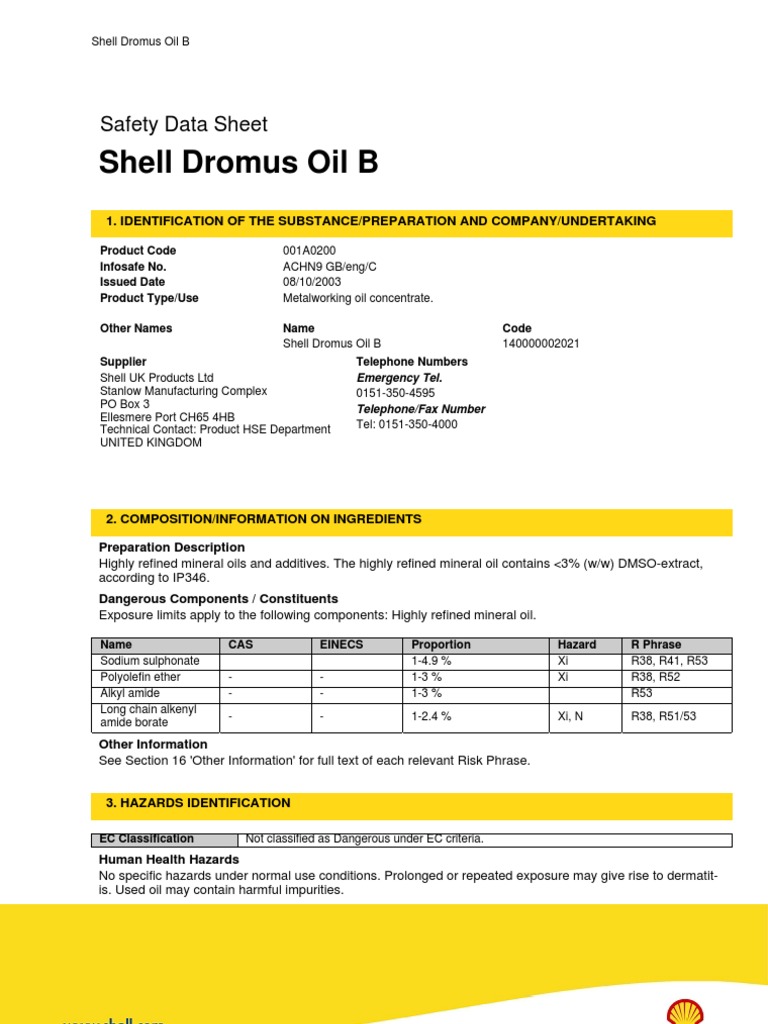 Shell Dromus Oil B Safety Data Sheet | PDF | Dangerous Goods | Personal ...