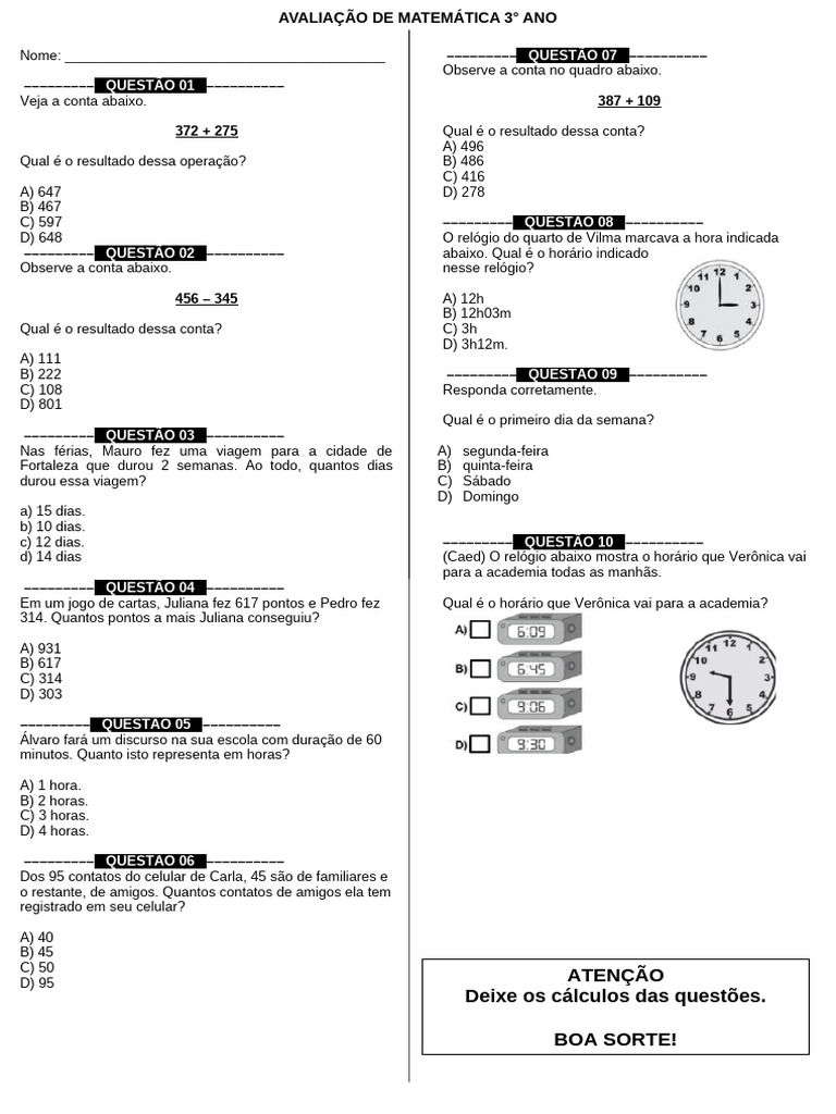 Avaliação de Matemática 3º Ano | PDF