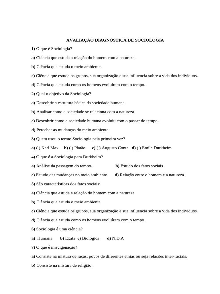 Avaliação de Sociologia: Questões e Respostas | PDF