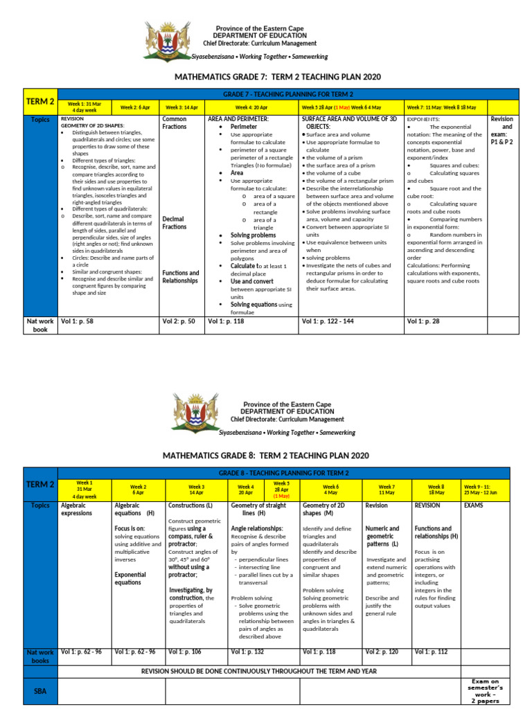 Mathematics Grades 7 9 Term 2 Pace Setter With Workbook Dates 2020 1 1 ...