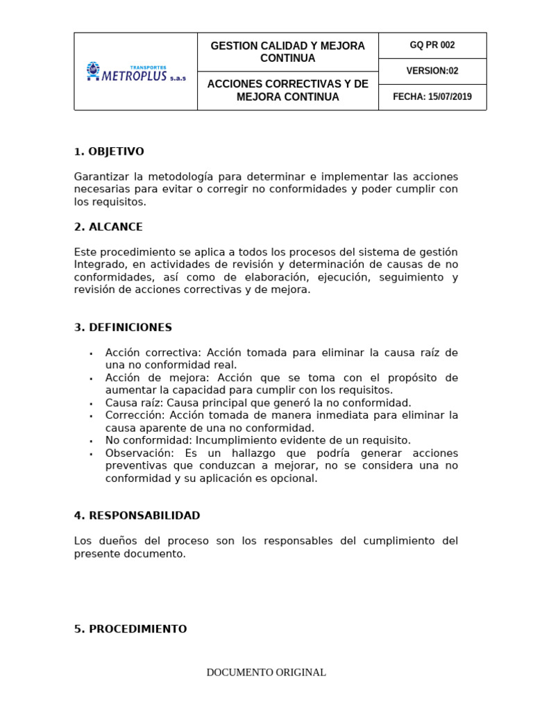 GQ PR 002 Acciones Correctivas y de Mejora Continua | PDF