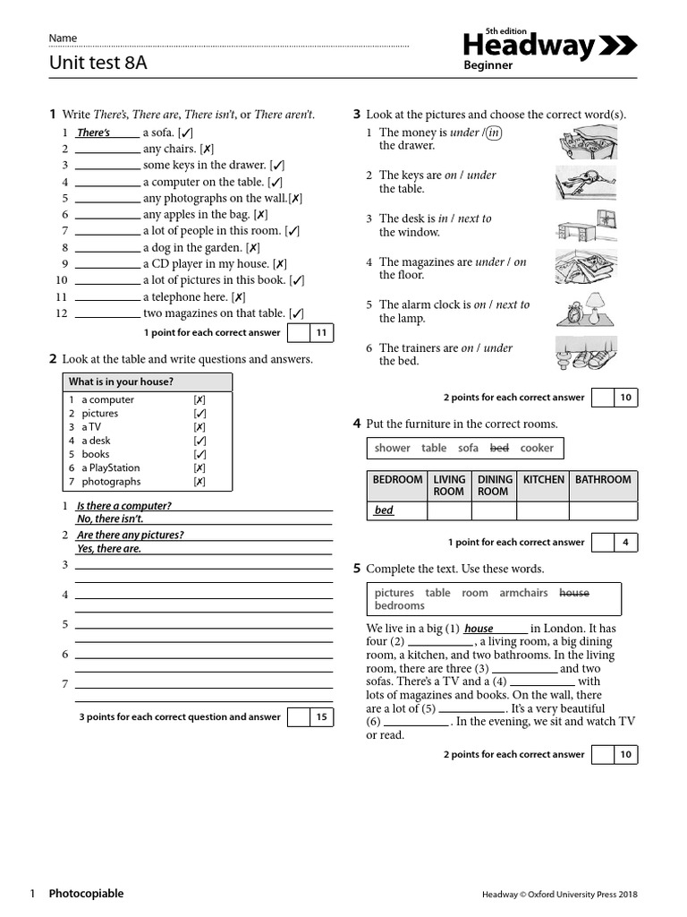 Beginner Unit Test 8A | PDF | Desk