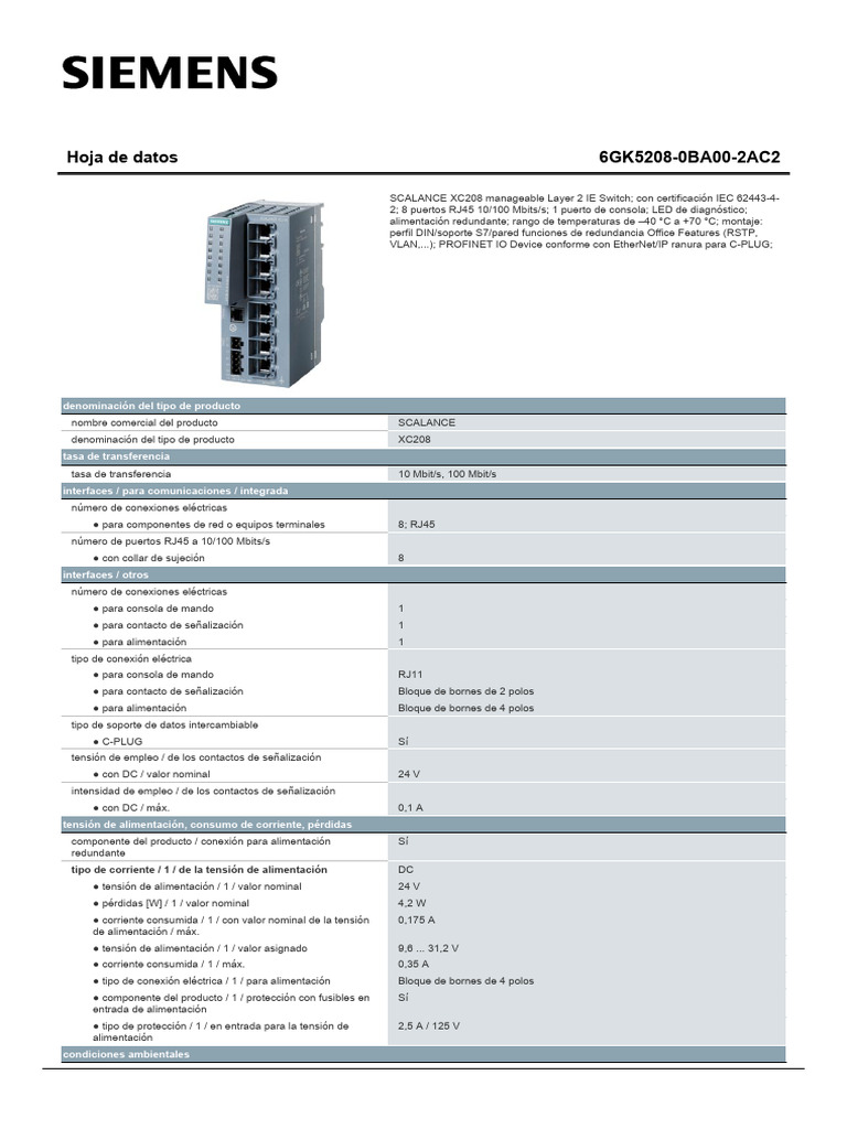Hoja de datos SCALANCE XC208 6GK5208 | PDF