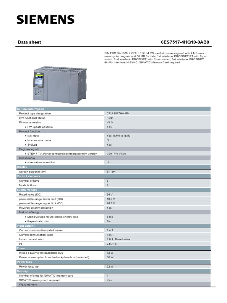 Siemens SIMATIC S7-1500H CPU Data Sheet | PDF | Computer Architecture ...
