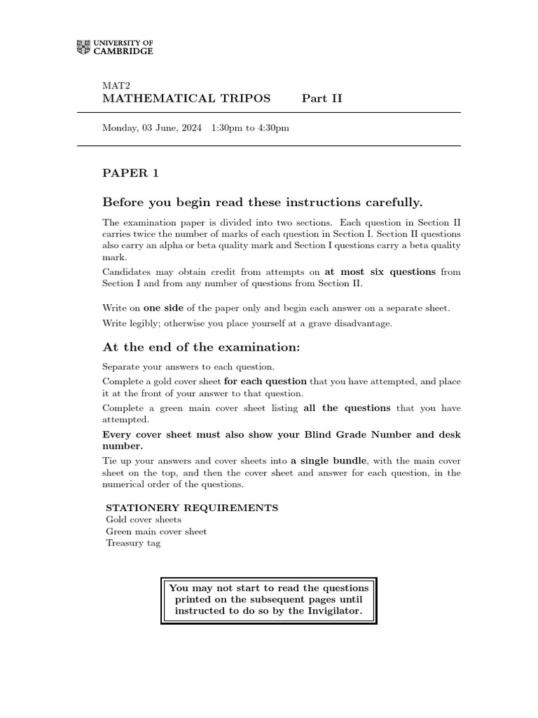 Mathematical Tripos Part II Paper 1 | PDF | Control Theory | Measure ...